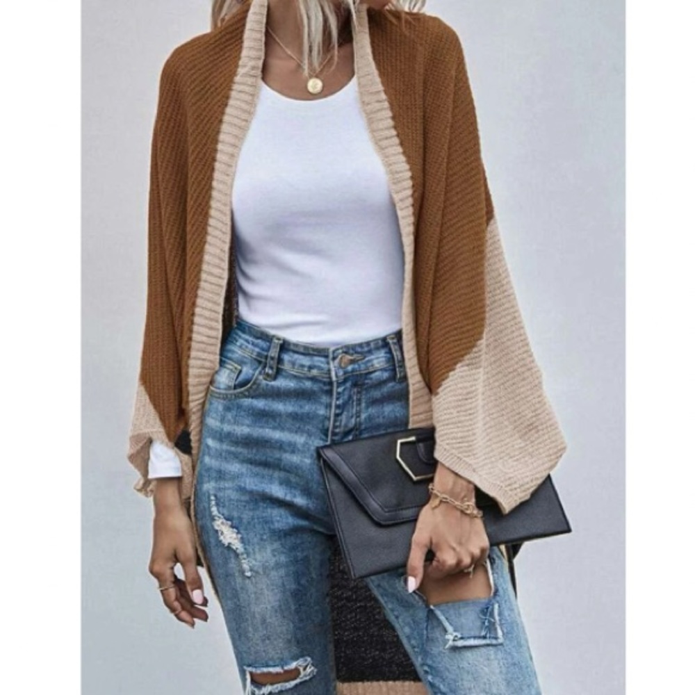 Cozy Color Block Batwing Oversized  Open Front Cardigan - Picture 4 of 6
